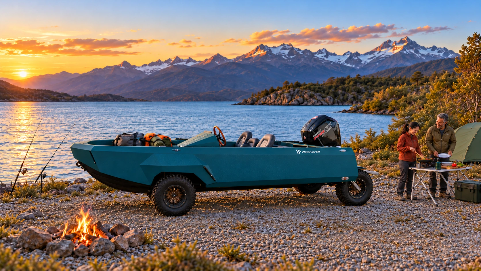 Adults cook supper beside a teal Adventure, camping gear, shore fishing rods and a campfire.