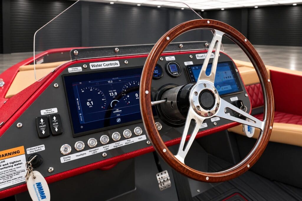 Archived metallic-red Signature helm detail with steering wheel and two displays