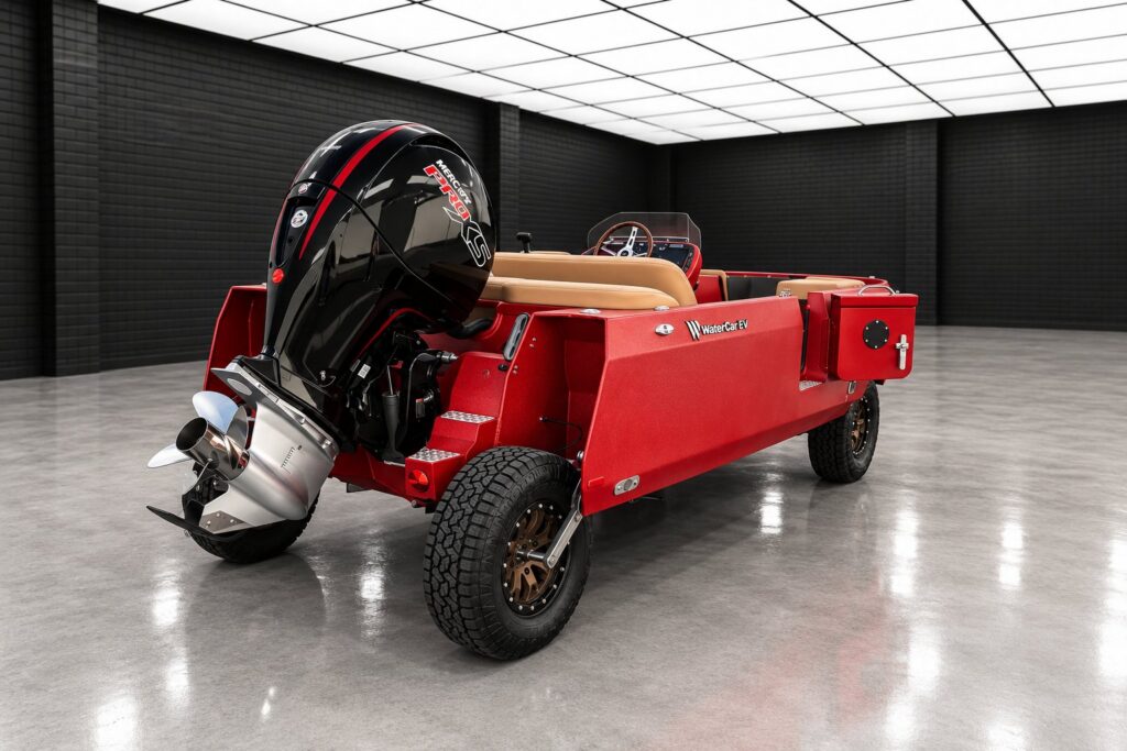 Archived red Signature rear-quarter detail with outboard and wheels lowered on land
