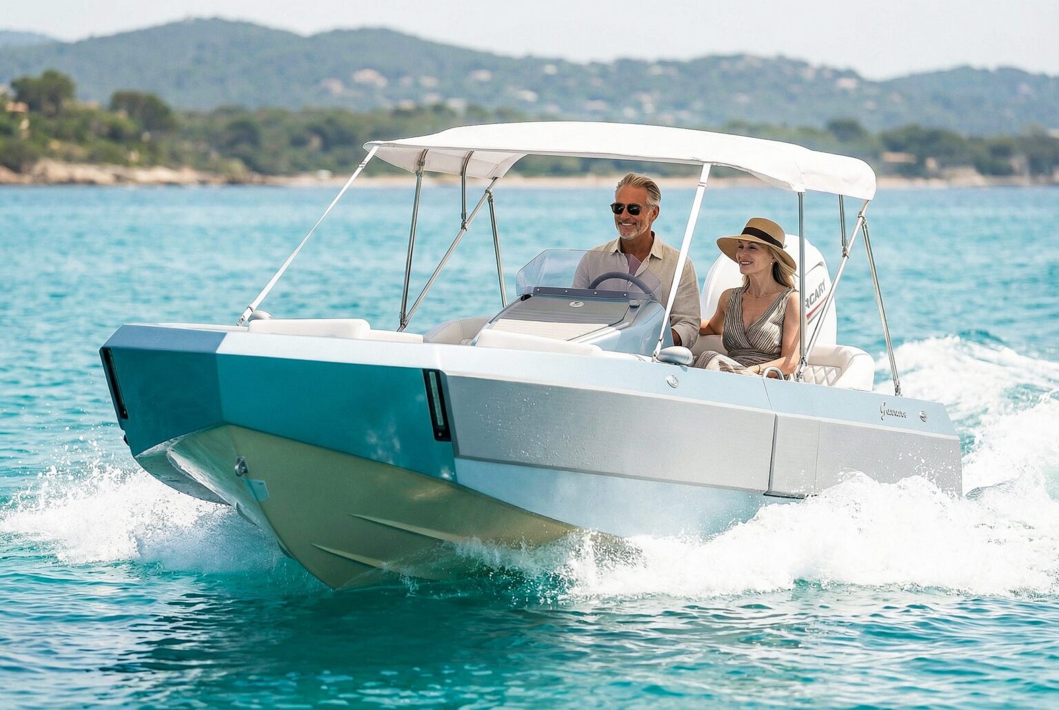 A couple cruising in a blue WaterCar