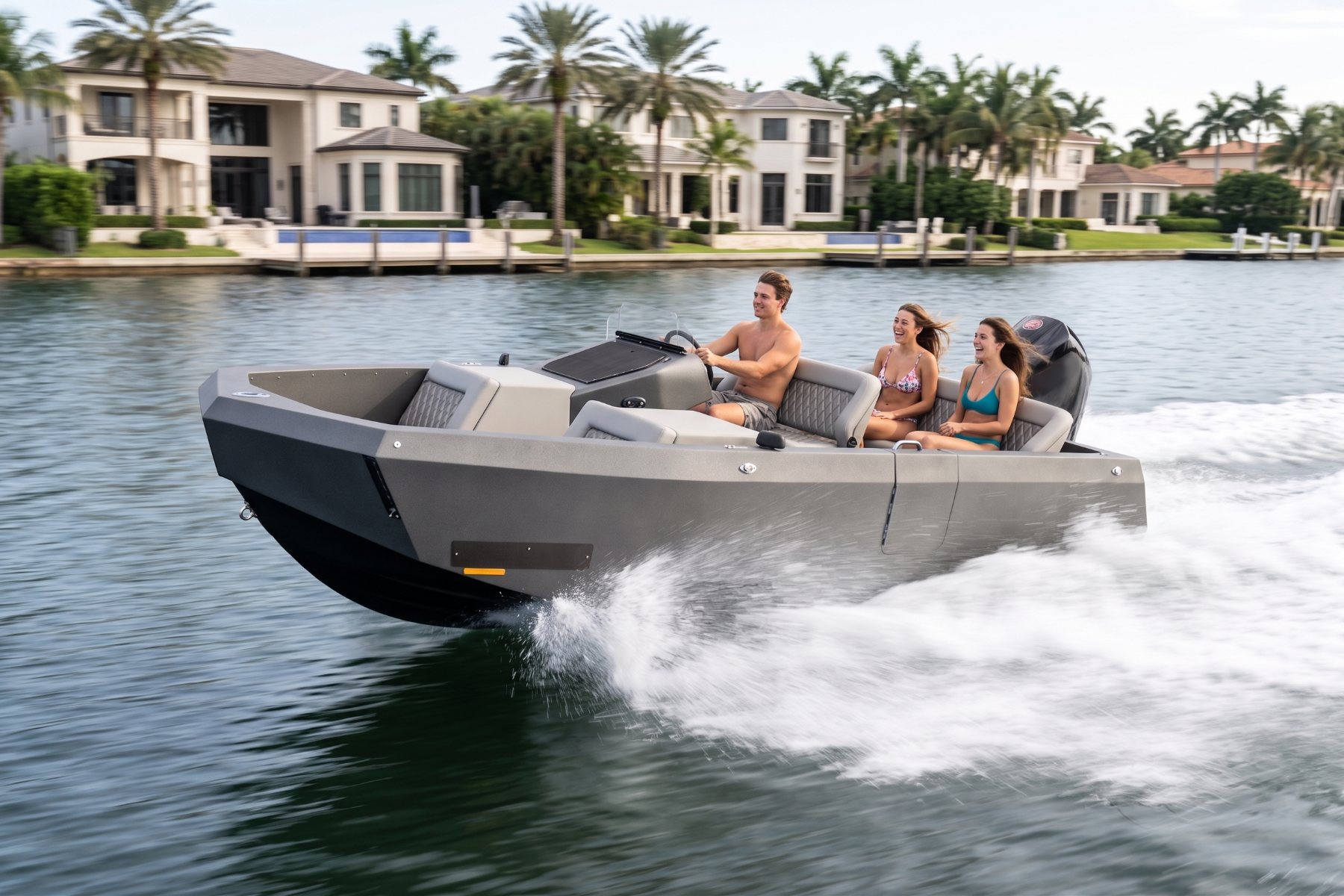 A gray WaterCar running at speed past waterfront homes