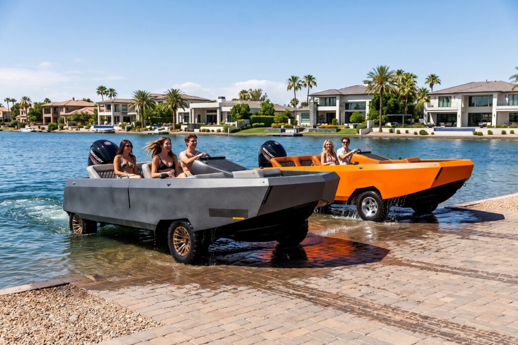 A WaterCar driving down a boat ramp