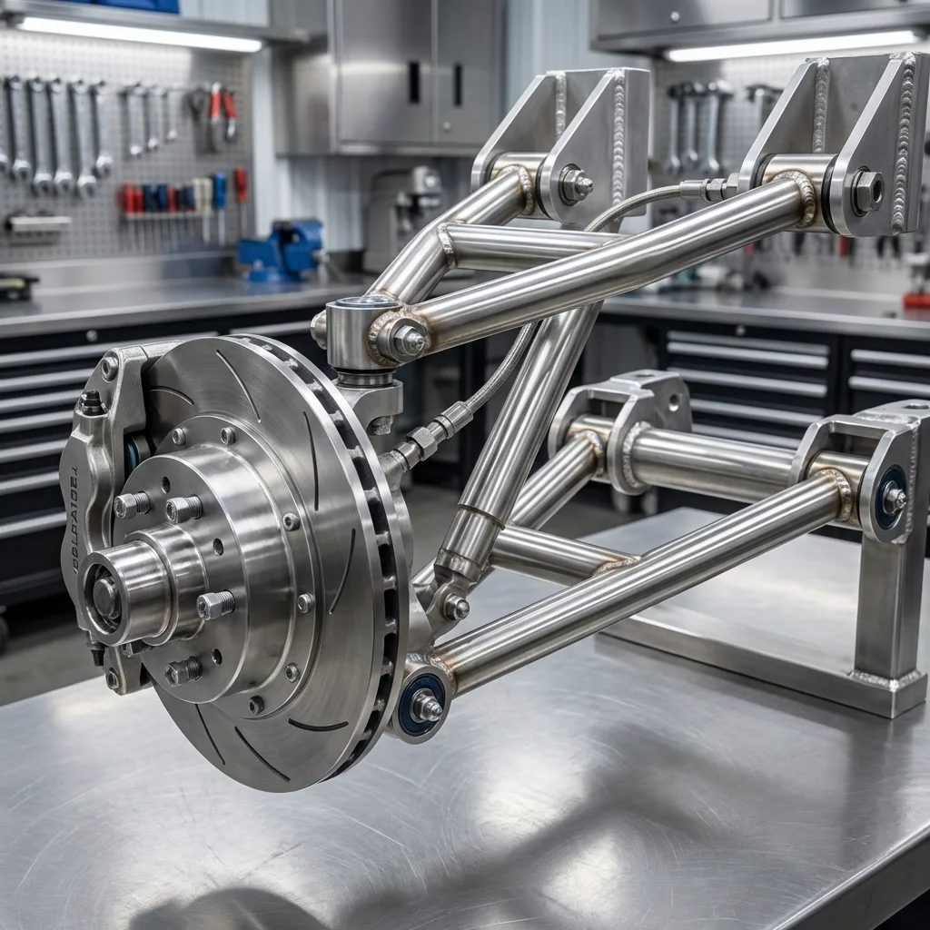 Stainless suspension assembly with control arms, hydraulic cylinder and disc brake.