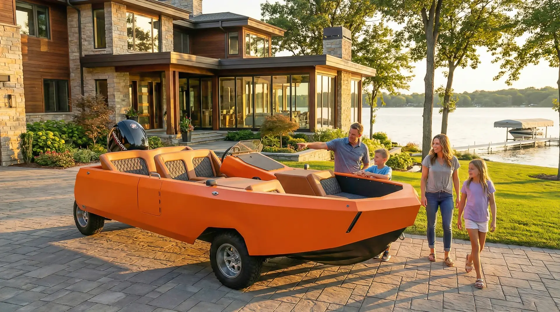 Orange WaterCar Signature parked on its wheels beside a lakeside home.