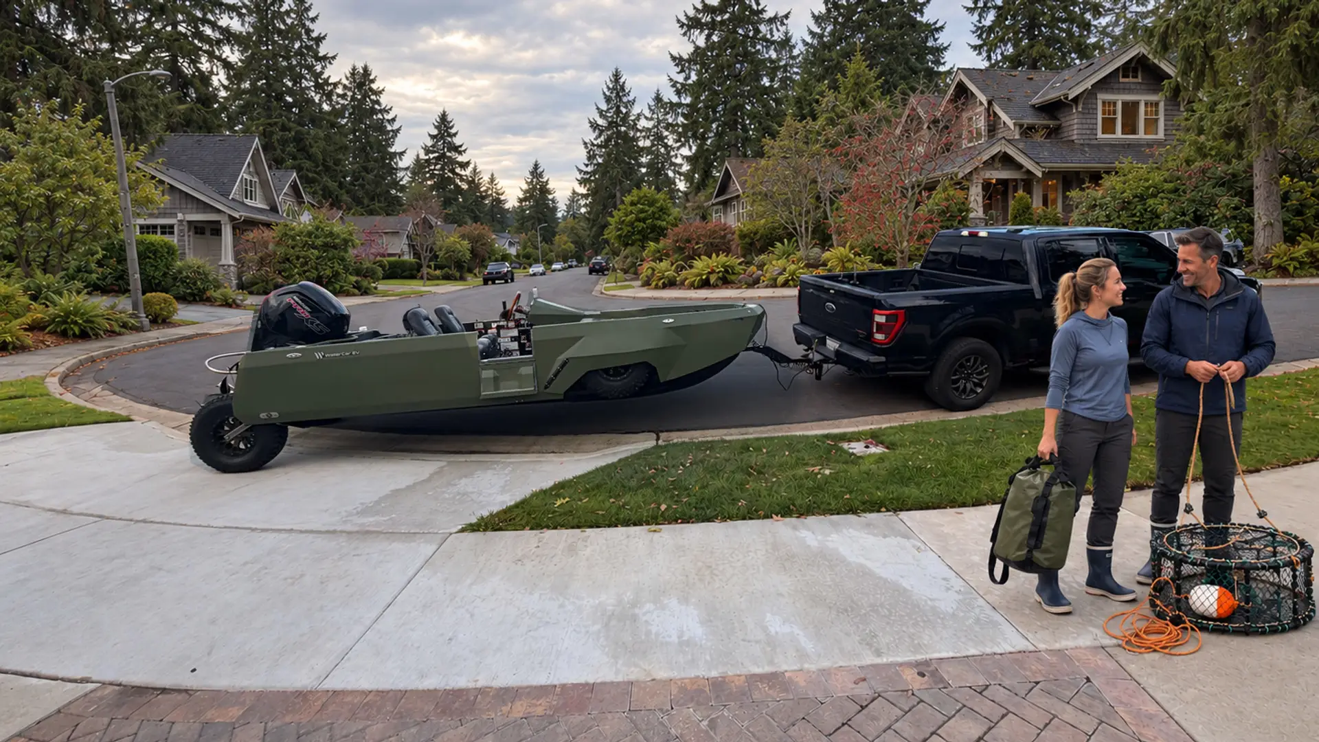 A couple prepares for a crabbing trip beside an olive WaterCar Adventure.