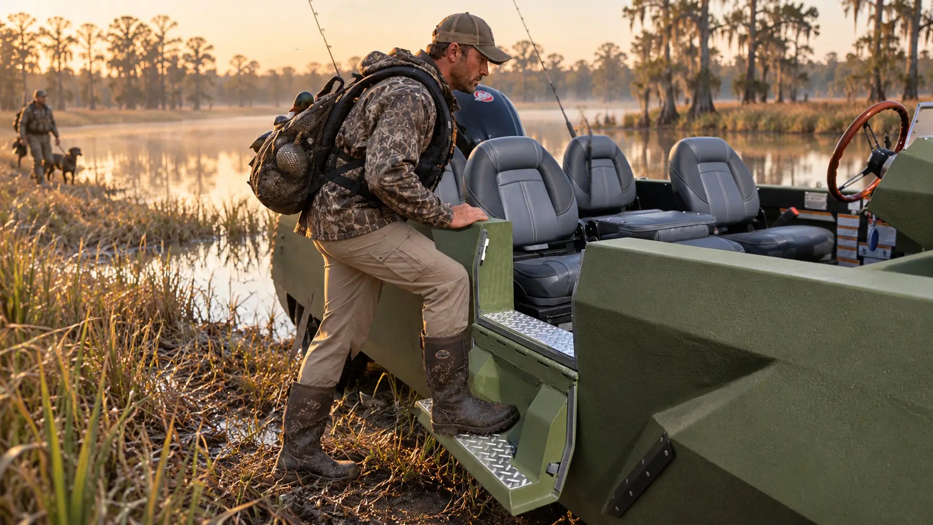 Hunter boarding an olive WaterCar Adventure through its side door using the lowered entry steps.