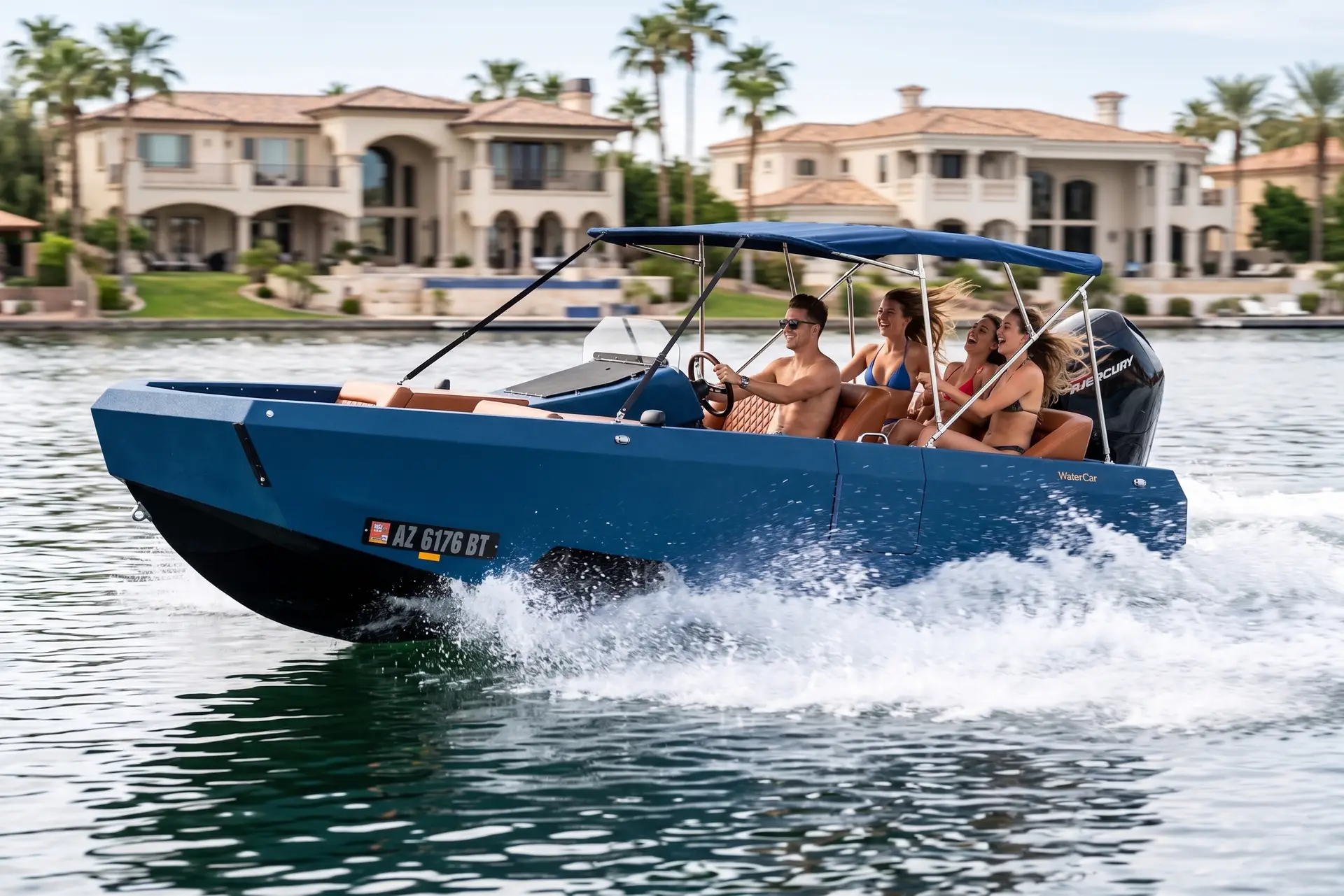 Blue WaterCar Signature with friends aboard cruising past waterfront homes.