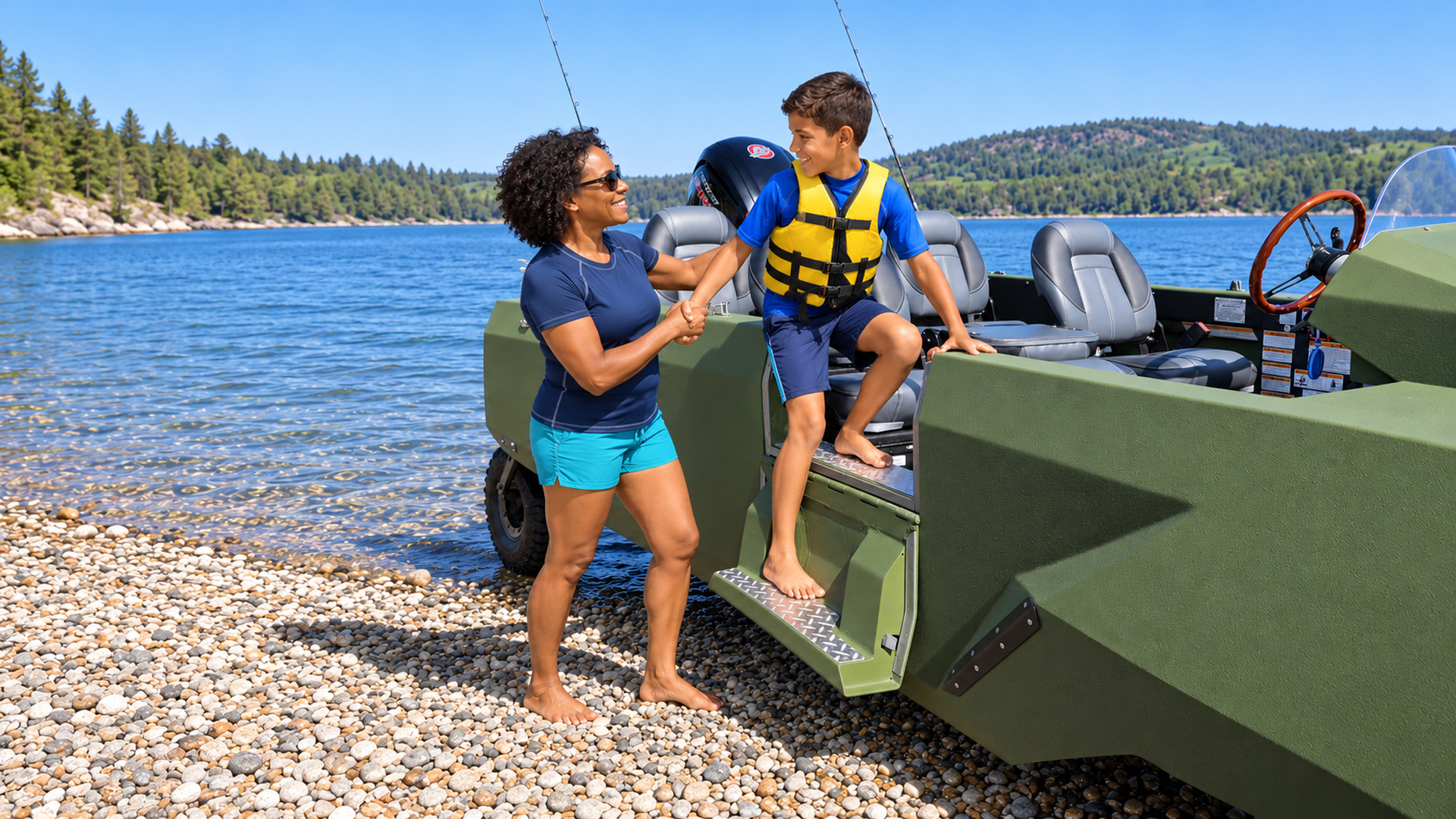 An adult helps a child wearing a life jacket board an olive WaterCar Adventure using the lowered side-door steps.