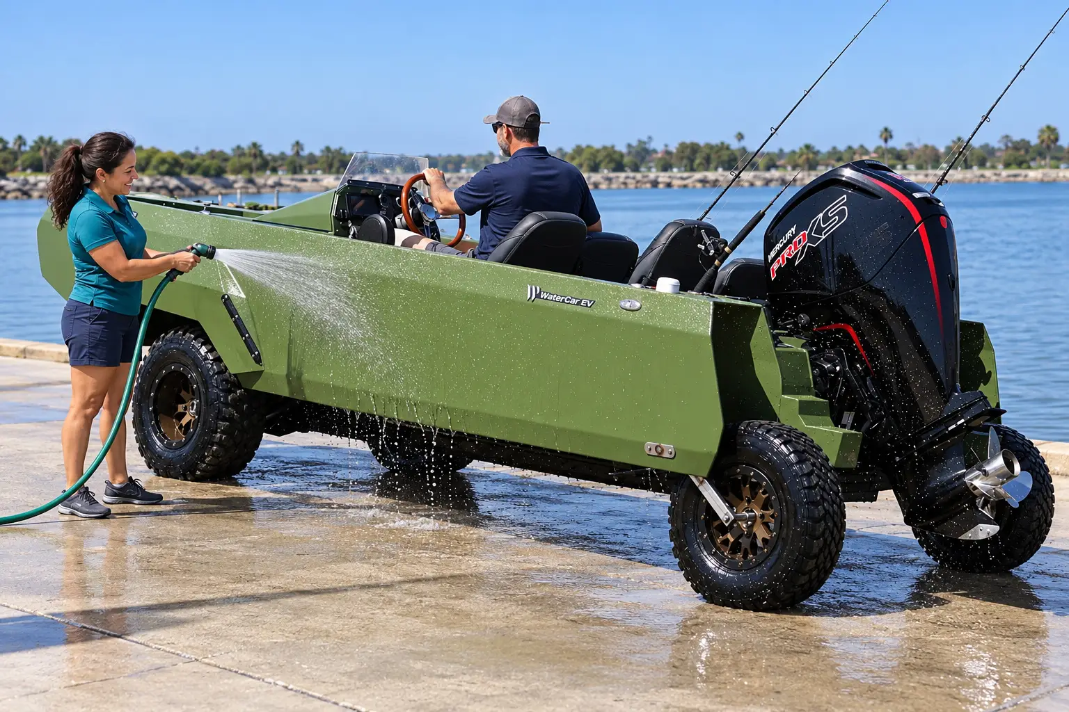 An adult gently rinses a parked WaterCar Adventure with fresh water.