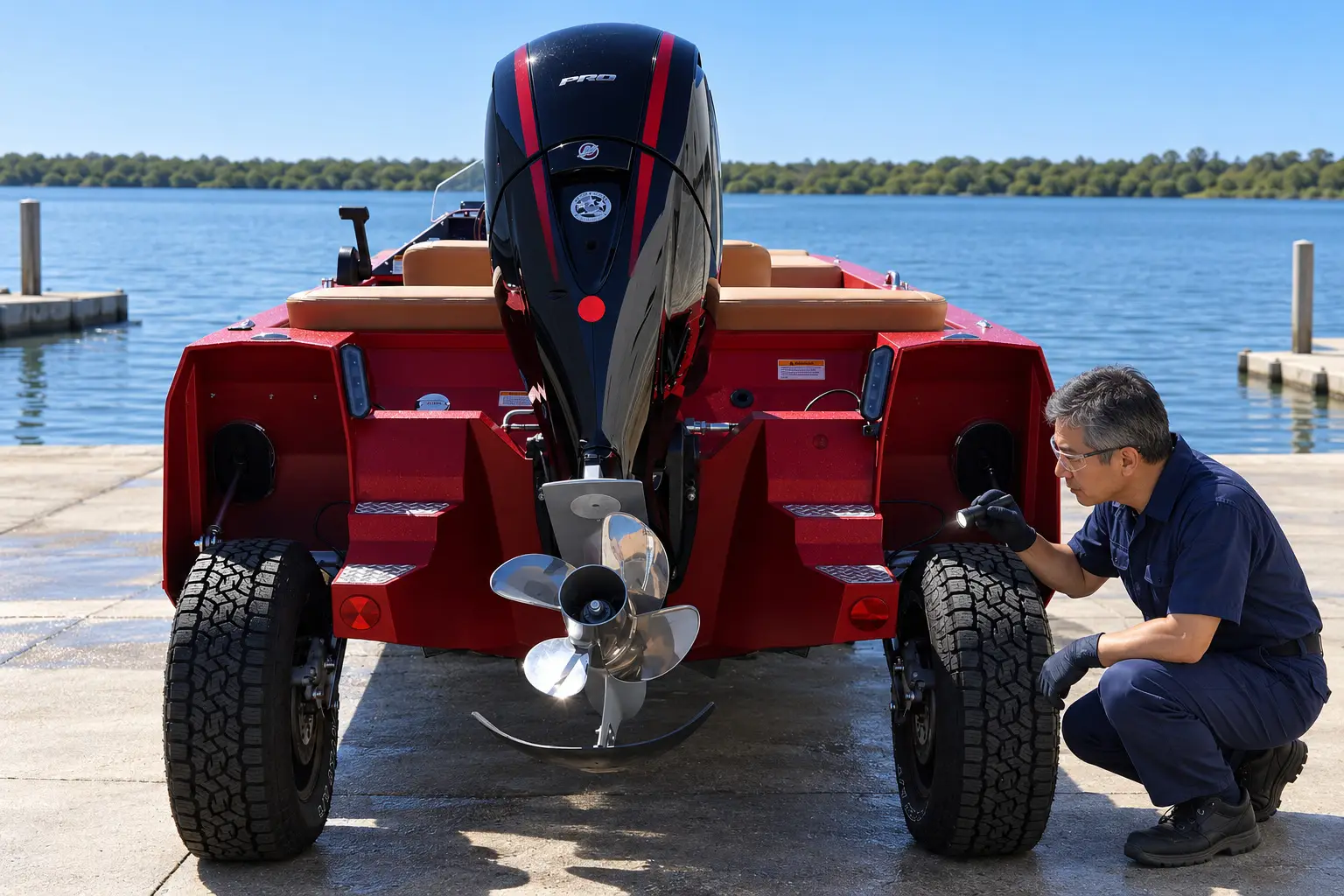 An adult inspects the stern and outboard area of a parked WaterCar Signature.