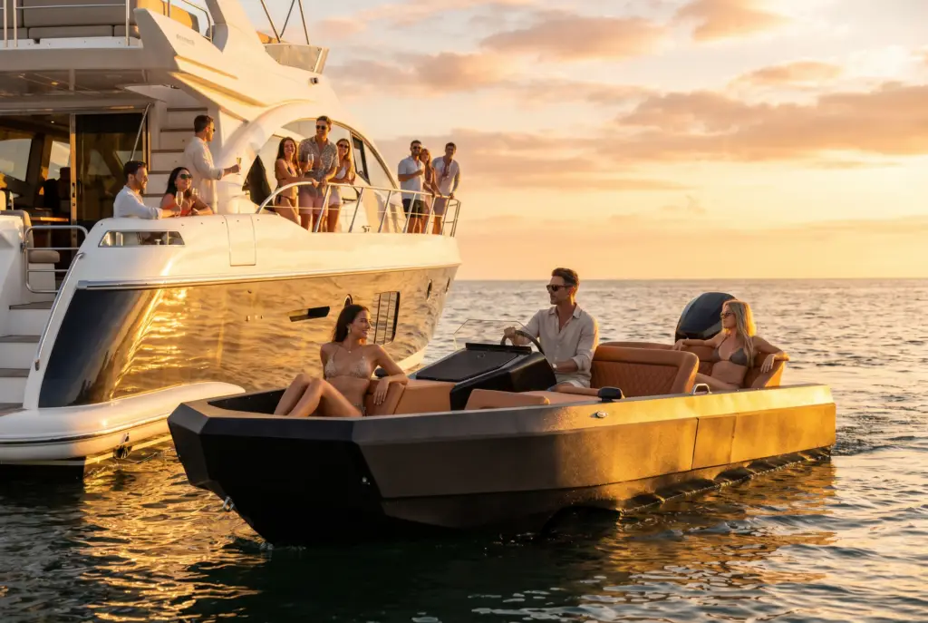 Black WaterCar Signature with tan lounge seating alongside a yacht at sunset.