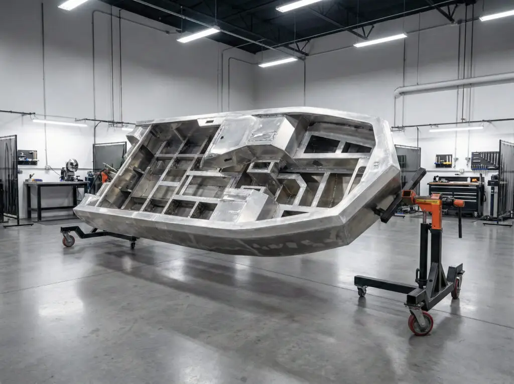 Bare aluminum WaterCar hull on a workshop rotisserie, showing its welded internal structure.