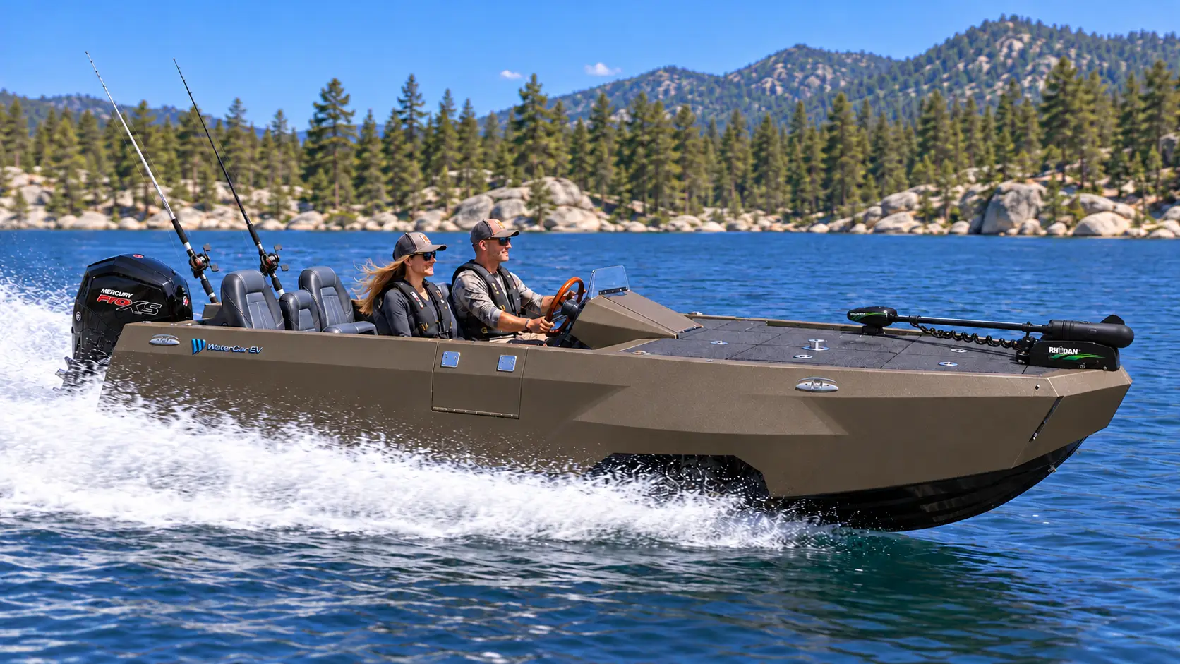 Satin-bronze WaterCar Adventure Bass concept underway, with seated occupants and bow trolling motor stowed.