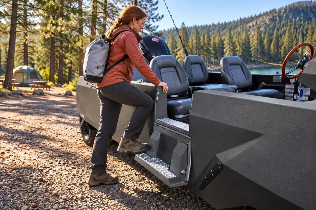 Camper boarding a graphite WaterCar Adventure through its lowered side step beside a lakeside campsite.