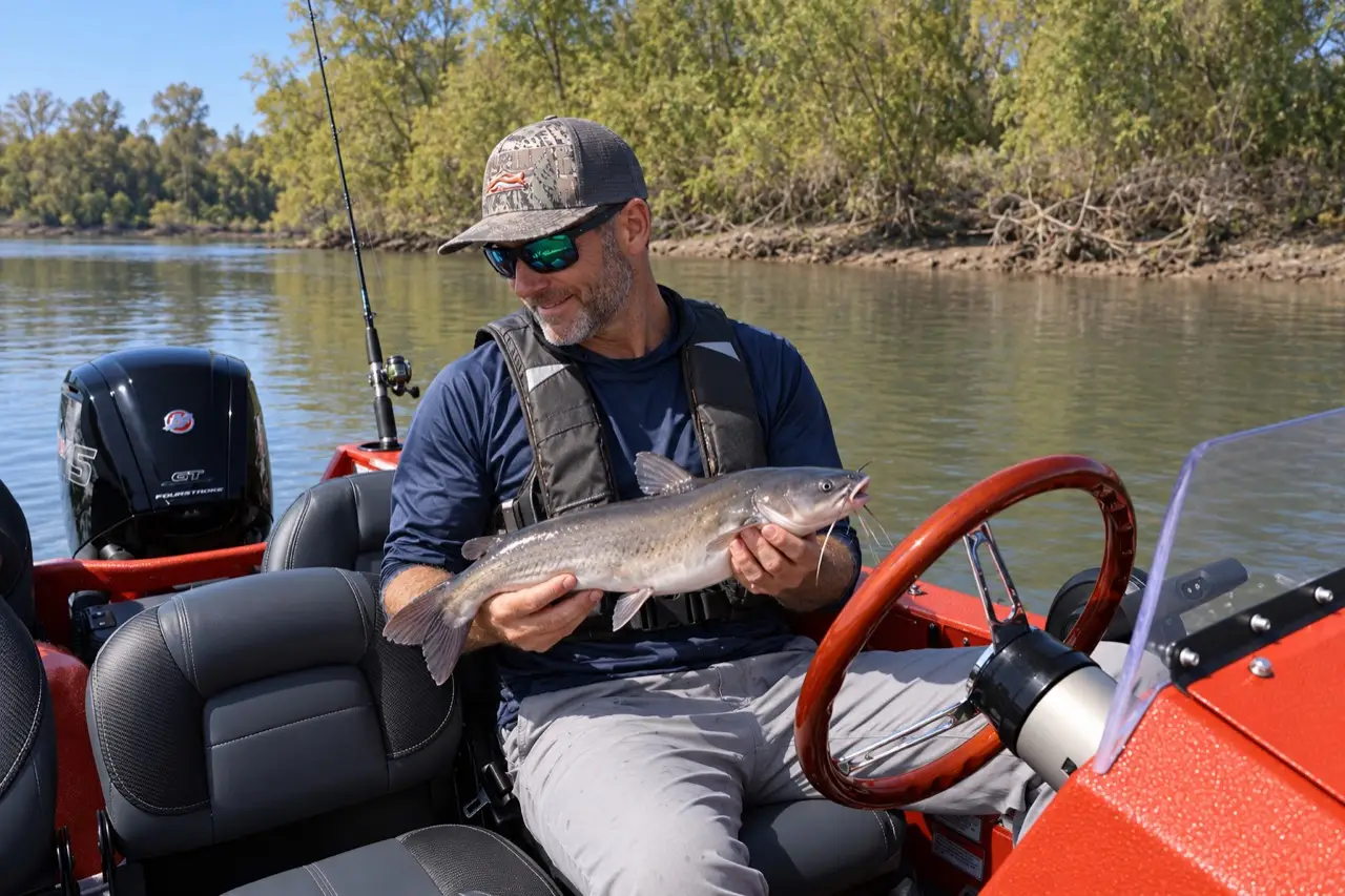 Angler holding a catfish in the cockpit of a red-orange WaterCar Adventure.