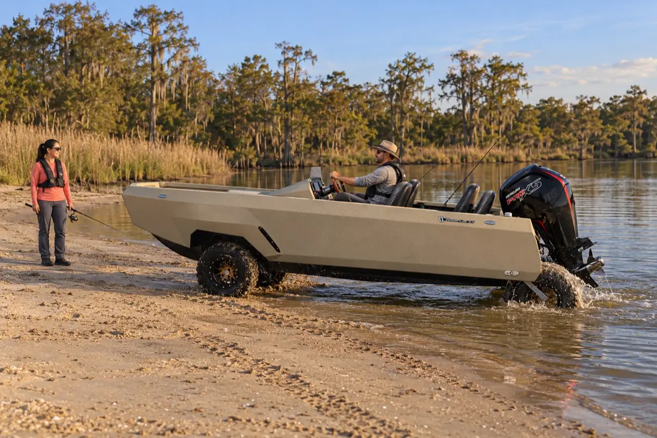 Full side view of a WaterCar Adventure driving from the water onto a sandy shore.