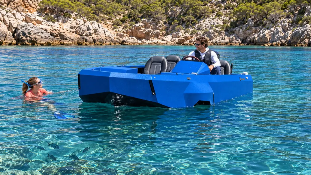 Blue WaterCar Adventure floating beside a snorkeler in a clear sheltered cove.