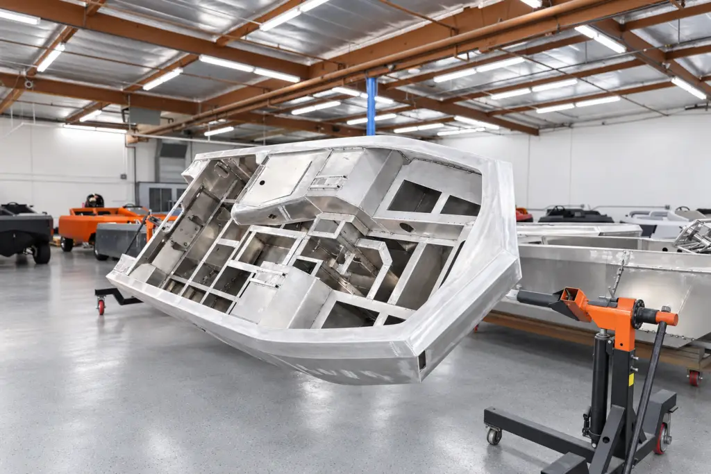 Aluminum WaterCar unibody tilted on a rotating fixture, showing the welded internal structure.