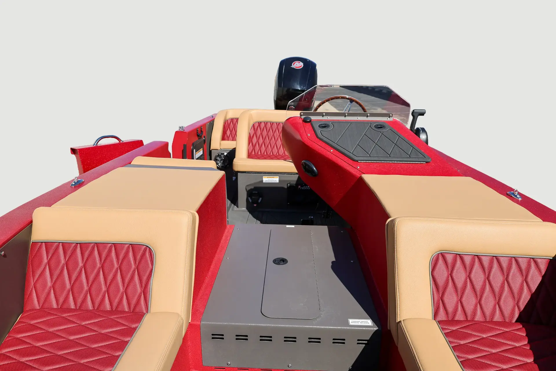 Burgundy and tan quilted seating, red bodywork and the original center hatch inside a WaterCar.