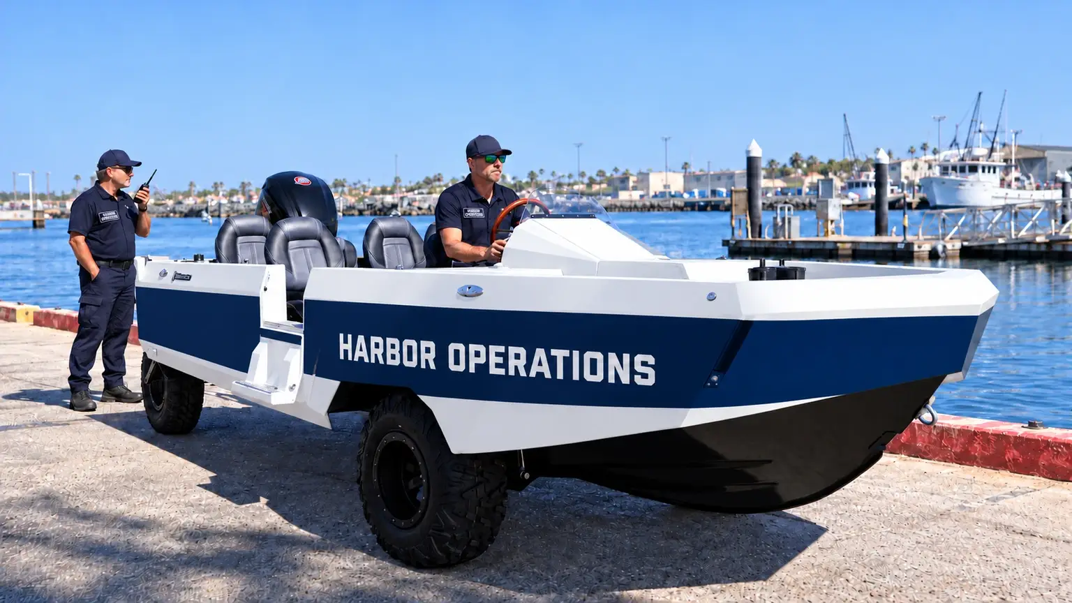 Proposed Commercial harbor operations configuration, with the full boat and two uniformed adults on shore beside the marina.