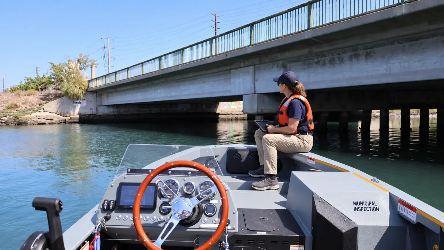 Proposed Commercial inspection scene: an inspector in a life jacket holds a tablet beside a bridge.