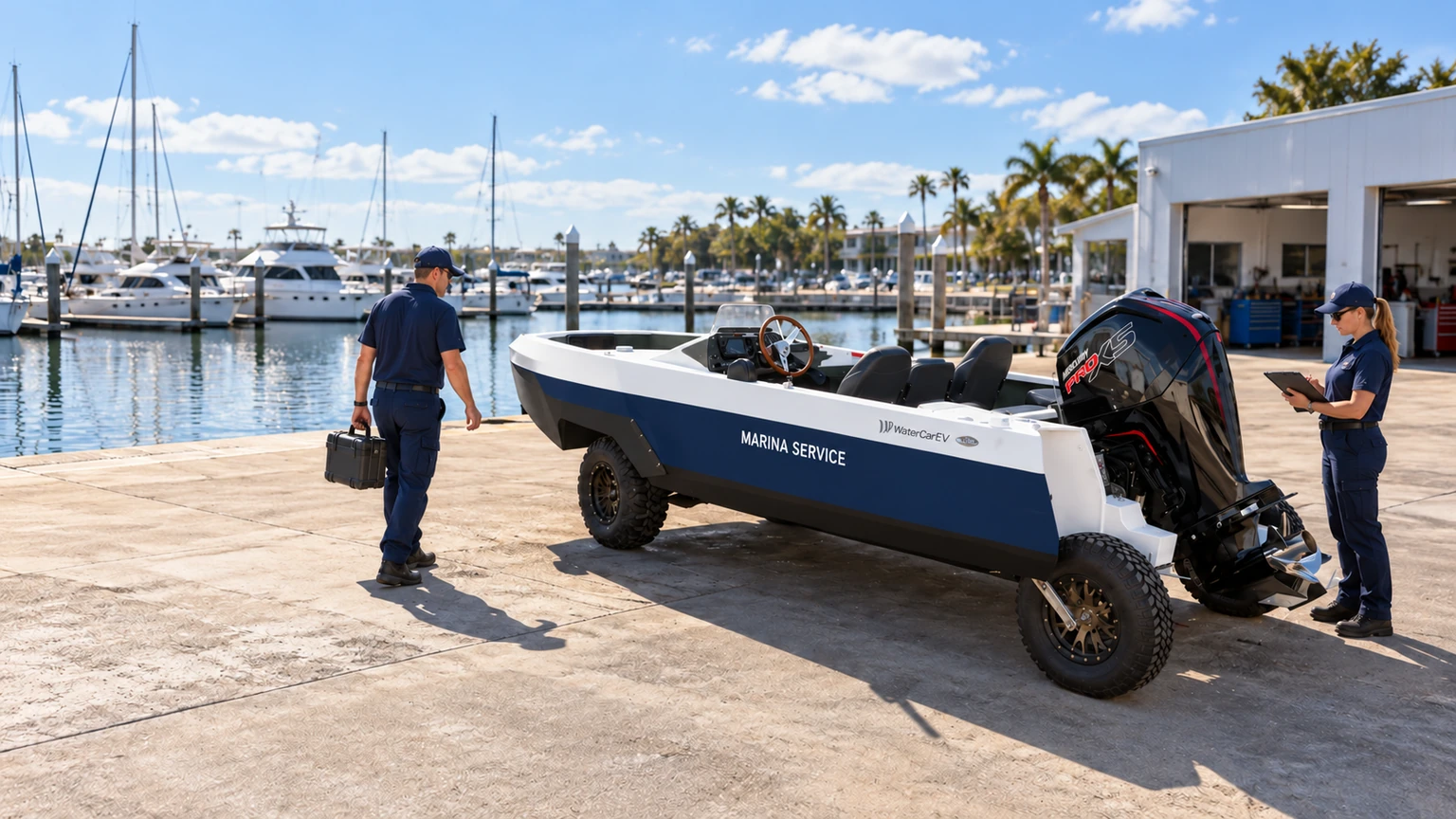 Illustrative marina-service configuration: full WaterCar on a dry quay with two technicians, a tool case and a tablet.