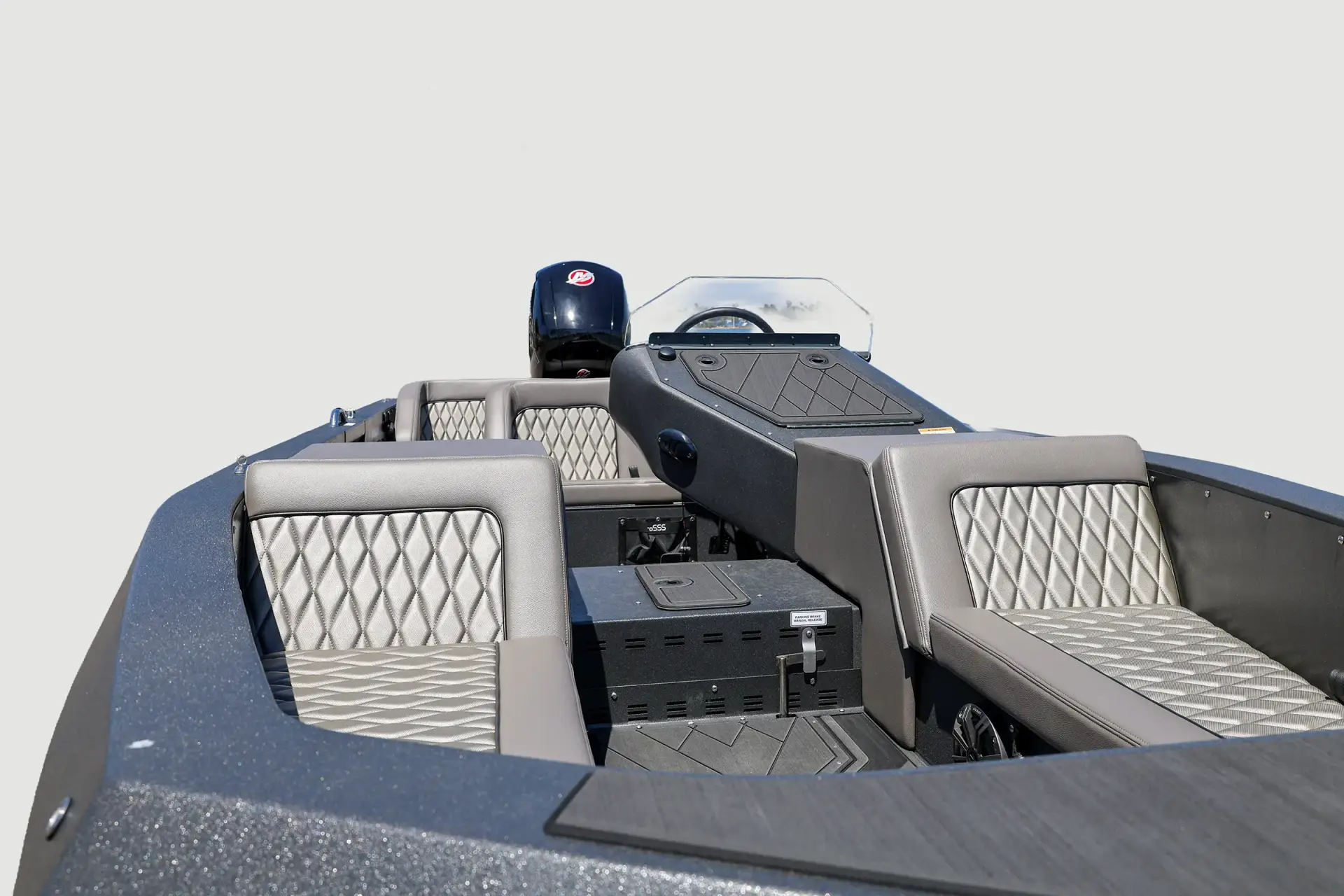 Gray and light quilted seating, graphite bodywork and the center hatch inside a WaterCar.