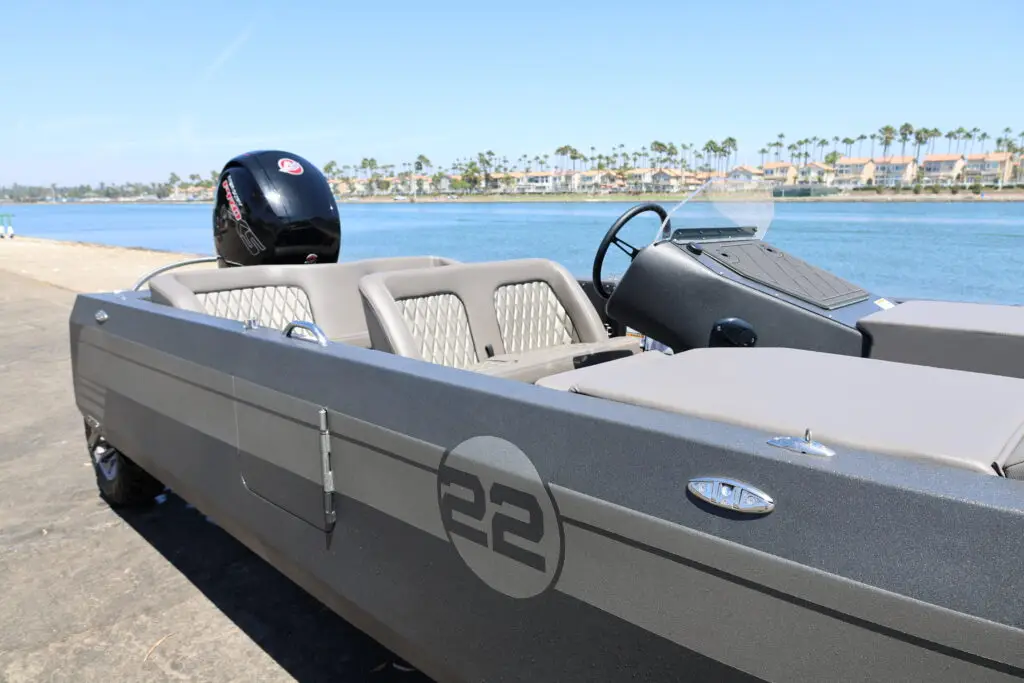 Joey's number 22 WaterCar showing the helm and diamond-stitched seats