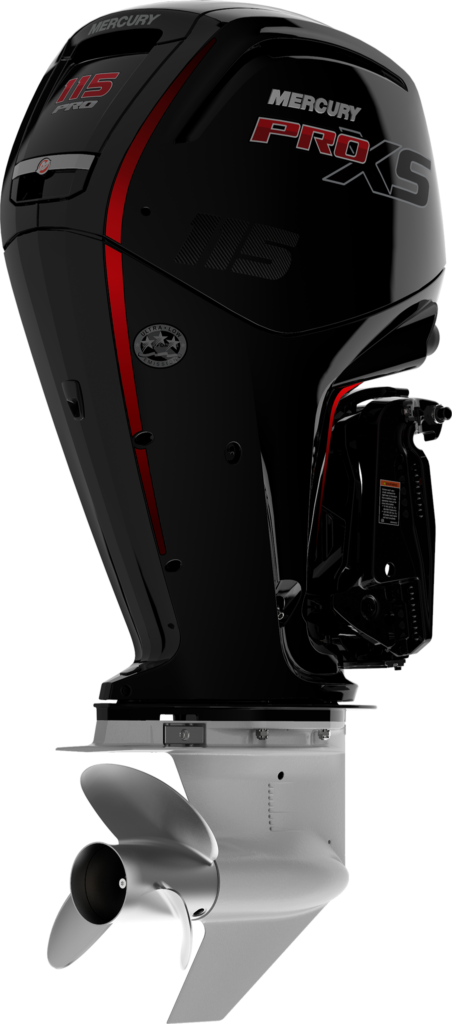 Mercury 115 Pro XS outboard shown from the rear starboard quarter.