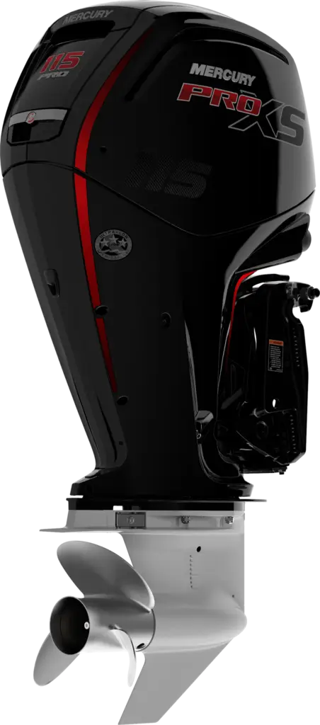 Mercury 115 Pro XS outboard shown from the rear starboard quarter.