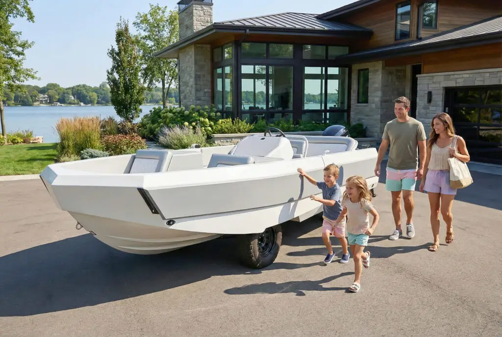 White WaterCar Signature parked on its wheels beside a waterfront home.