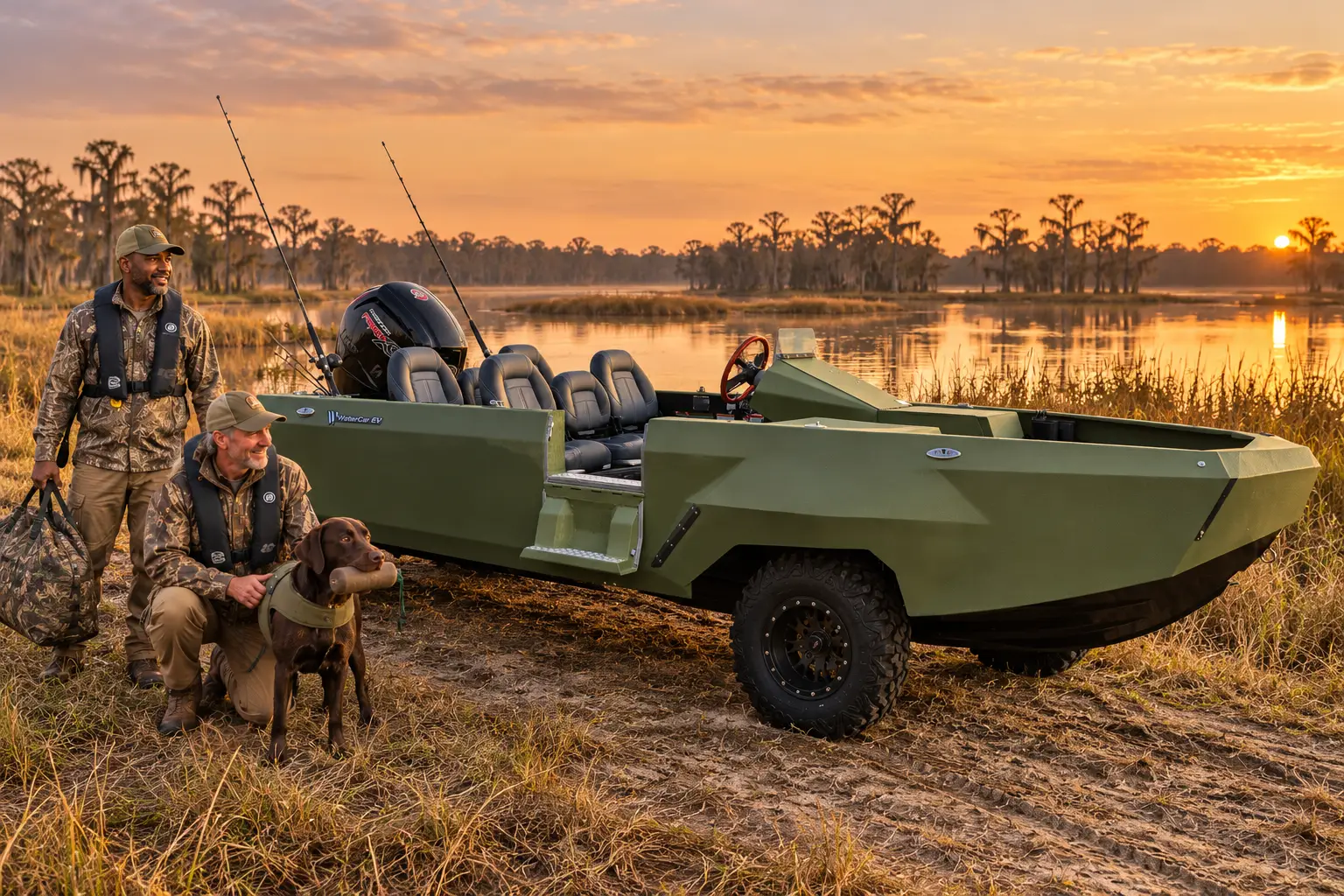 Olive WaterCar Adventure parked beside a marsh with two hunters, their gear and a retriever.