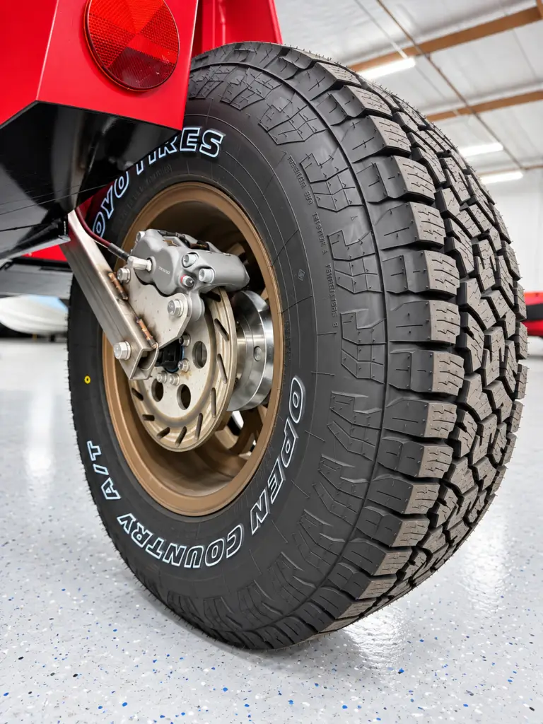 Inboard view of a WaterCar wheel, disc brake and suspension connection.