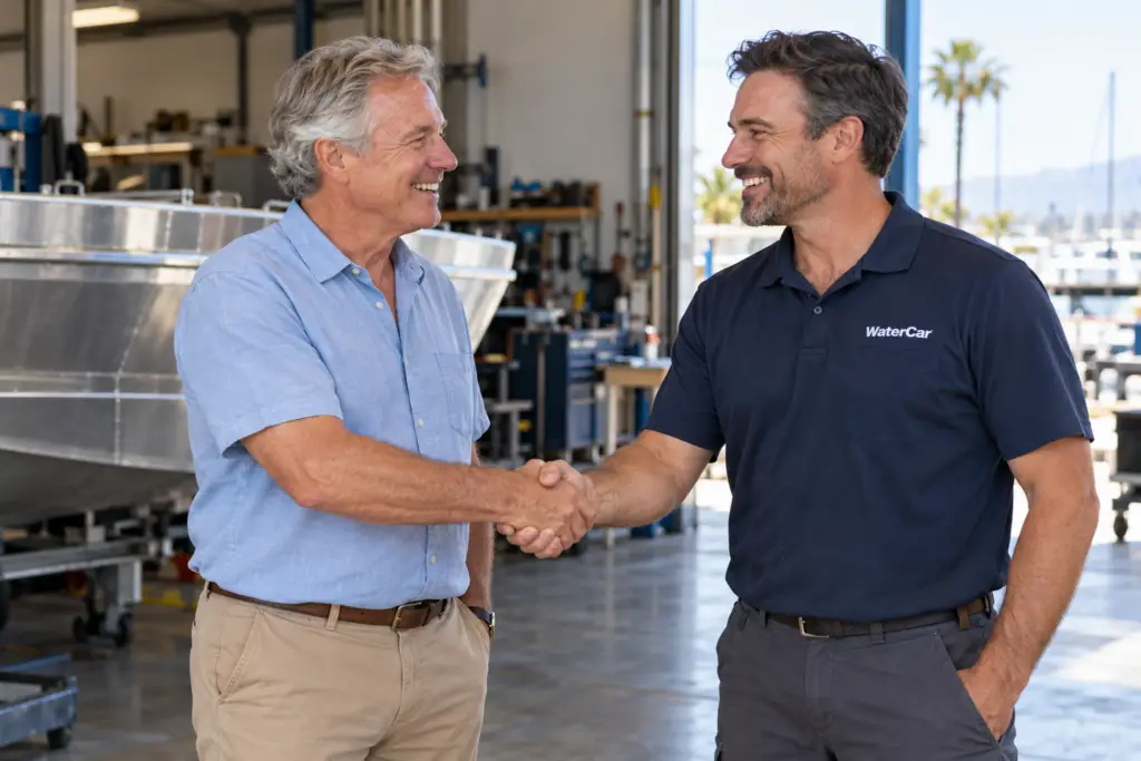 Two people shaking hands beside a WaterCar.