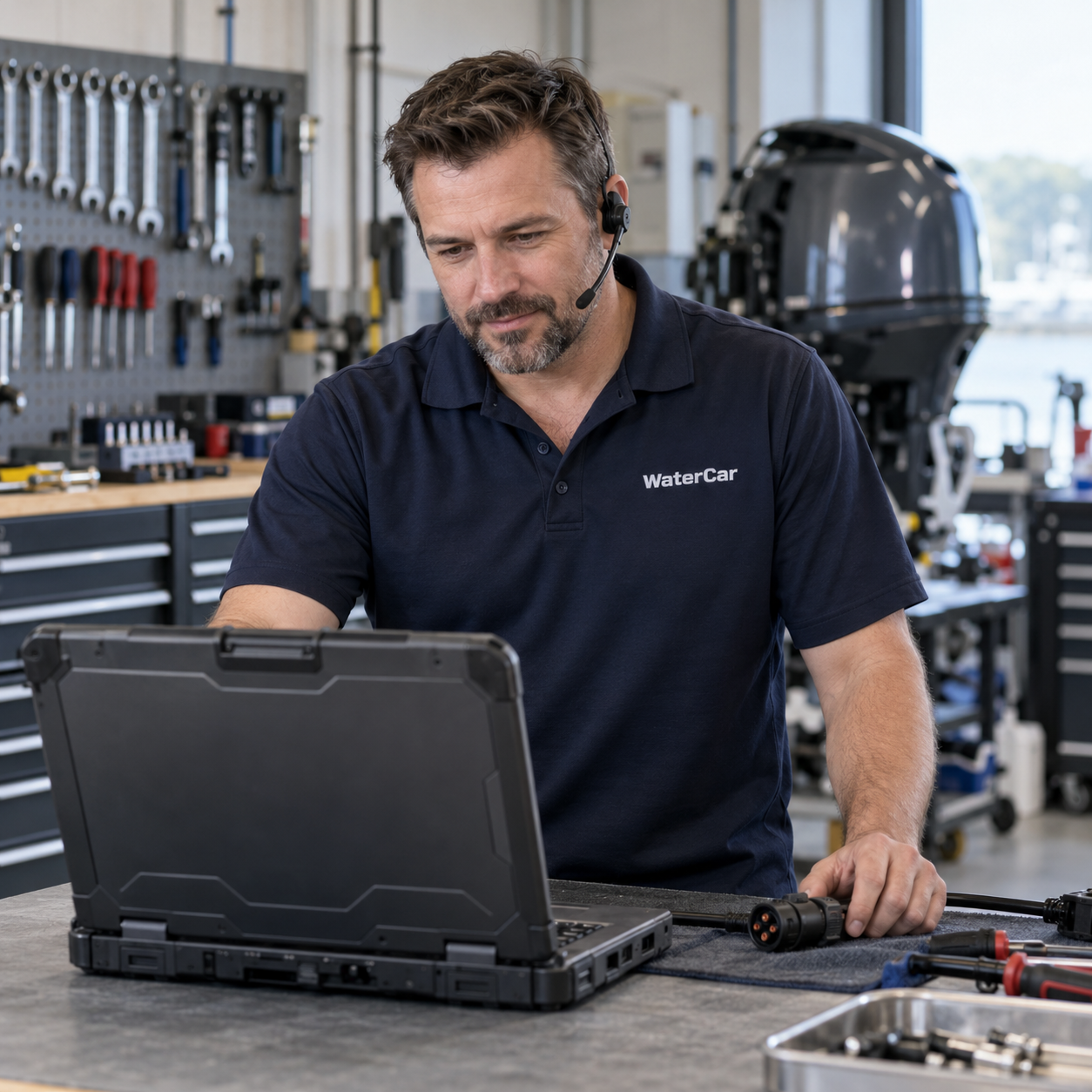 AWaterCar technician providing remote technical support in a marine workshop.