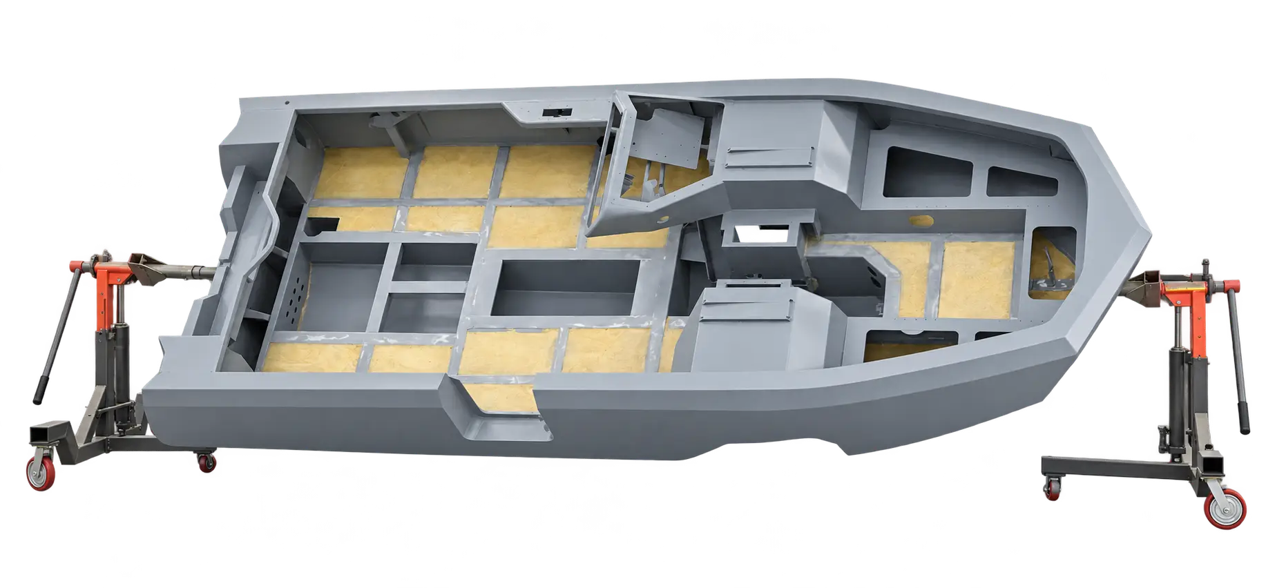 Epoxy-coated WaterCar hull mounted on rotating stands for 360-degree access