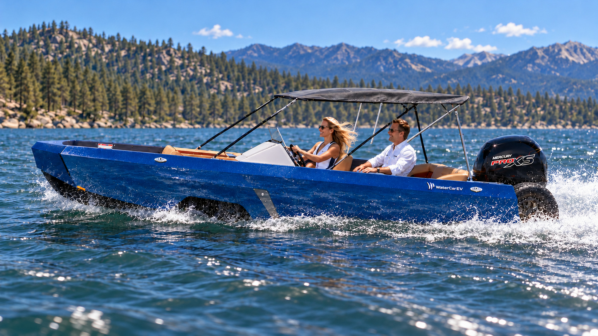 A blue WaterCar with two adults cruising on a mountain lake.