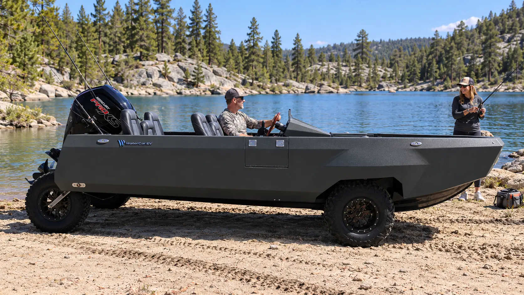 A gunmetal WaterCar beside a lake with an adult fishing at the bow.