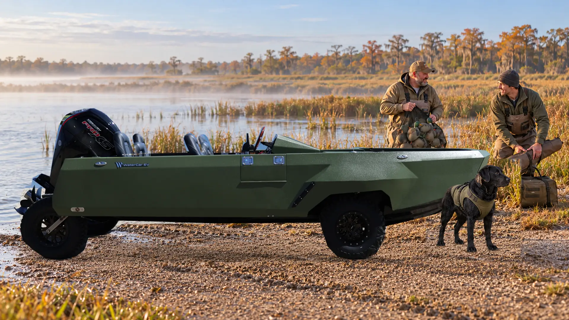 Two hunters and a retriever beside an olive WaterCar at a marsh.