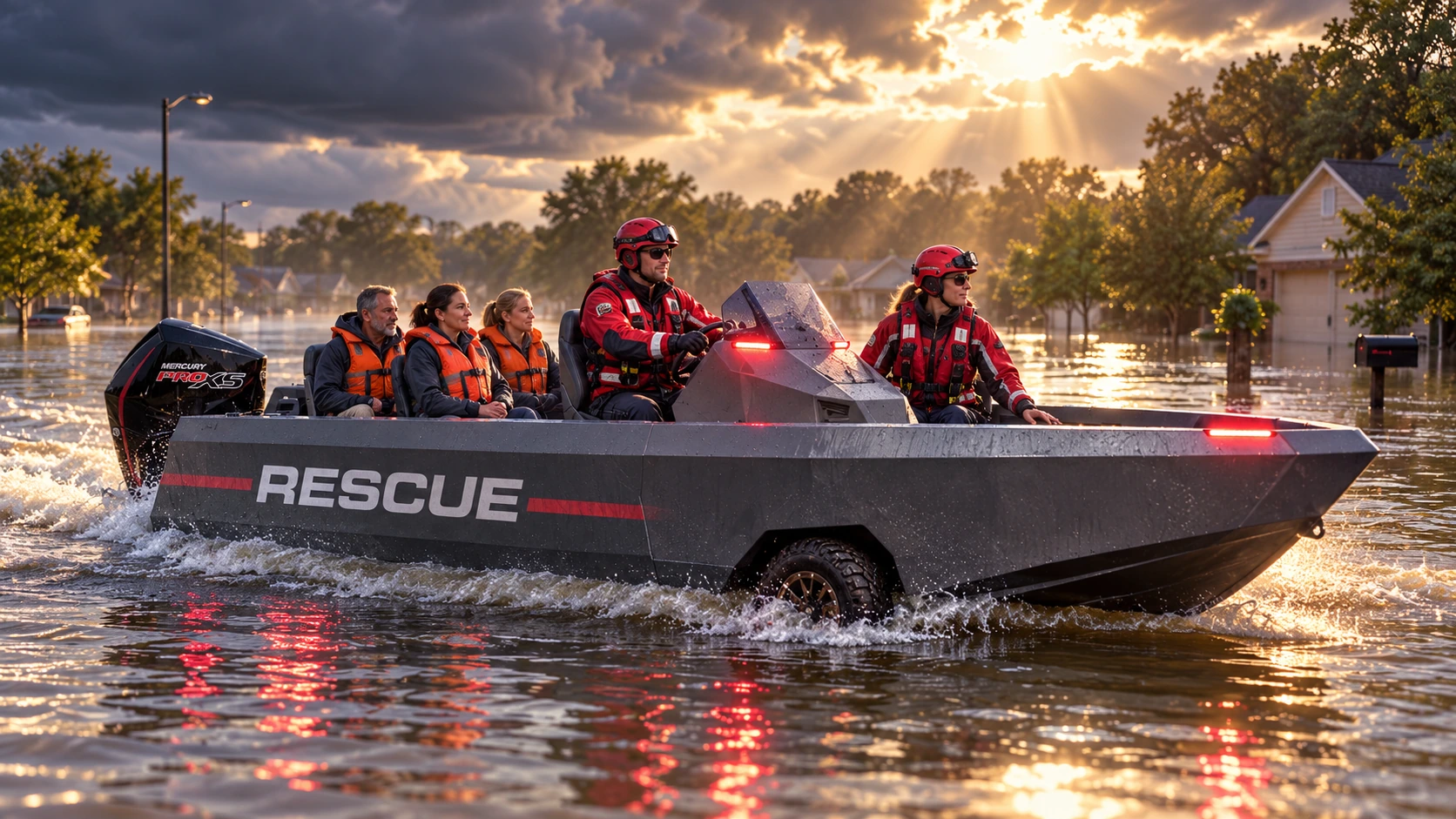 A Commercial WaterCar carrying first responders and adults through a flooded neighborhood.