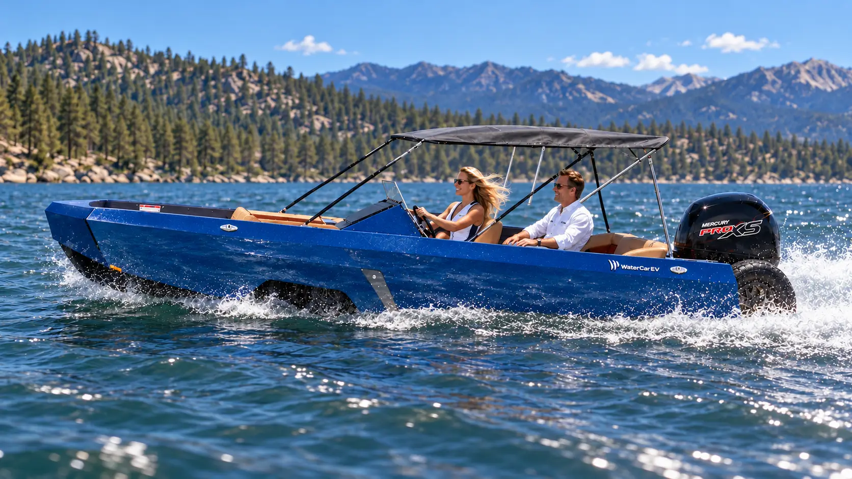 Blue WaterCar Signature with a couple on a mountain lake.
