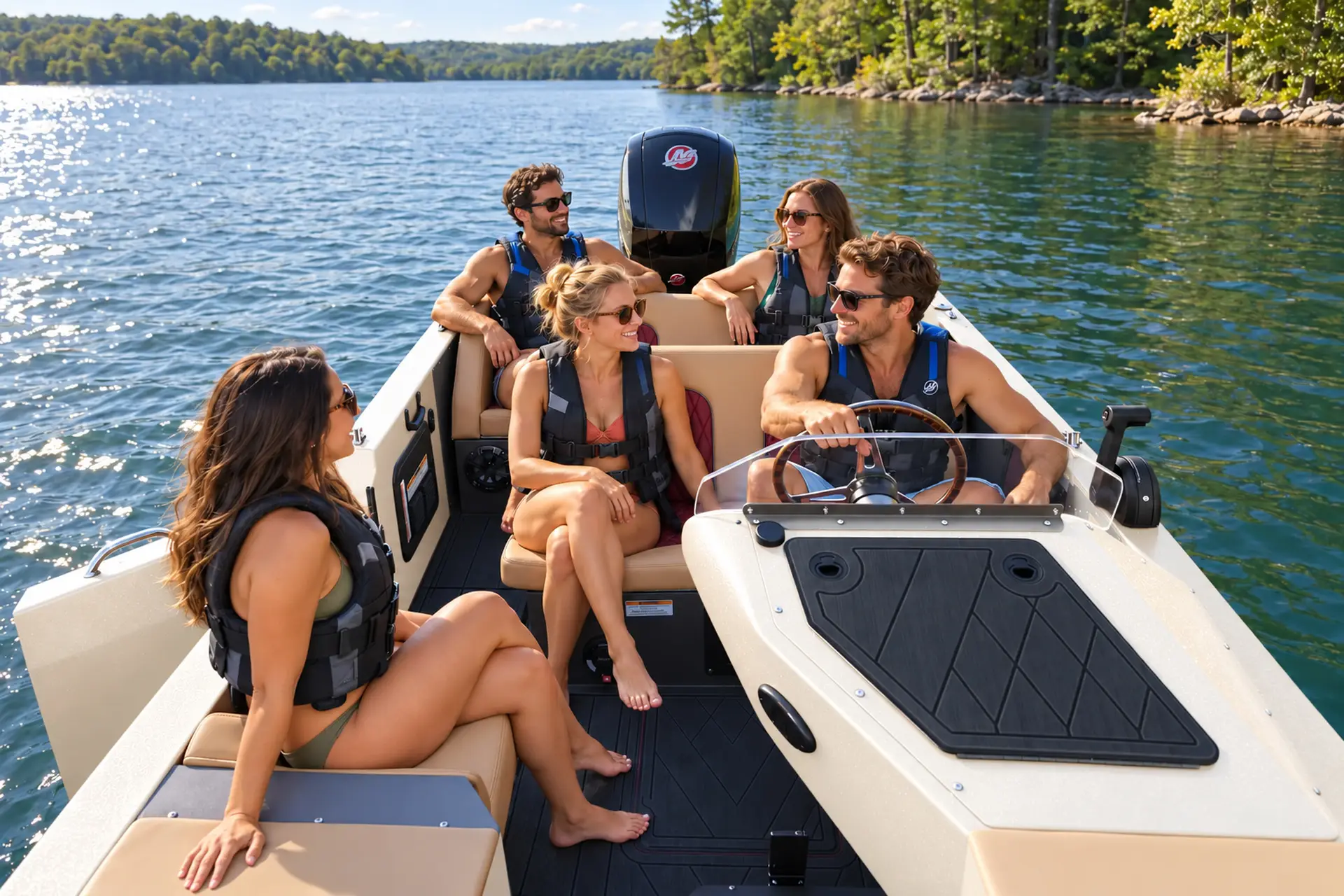 Friends wearing life jackets aboard an ivory Signature on calm water.