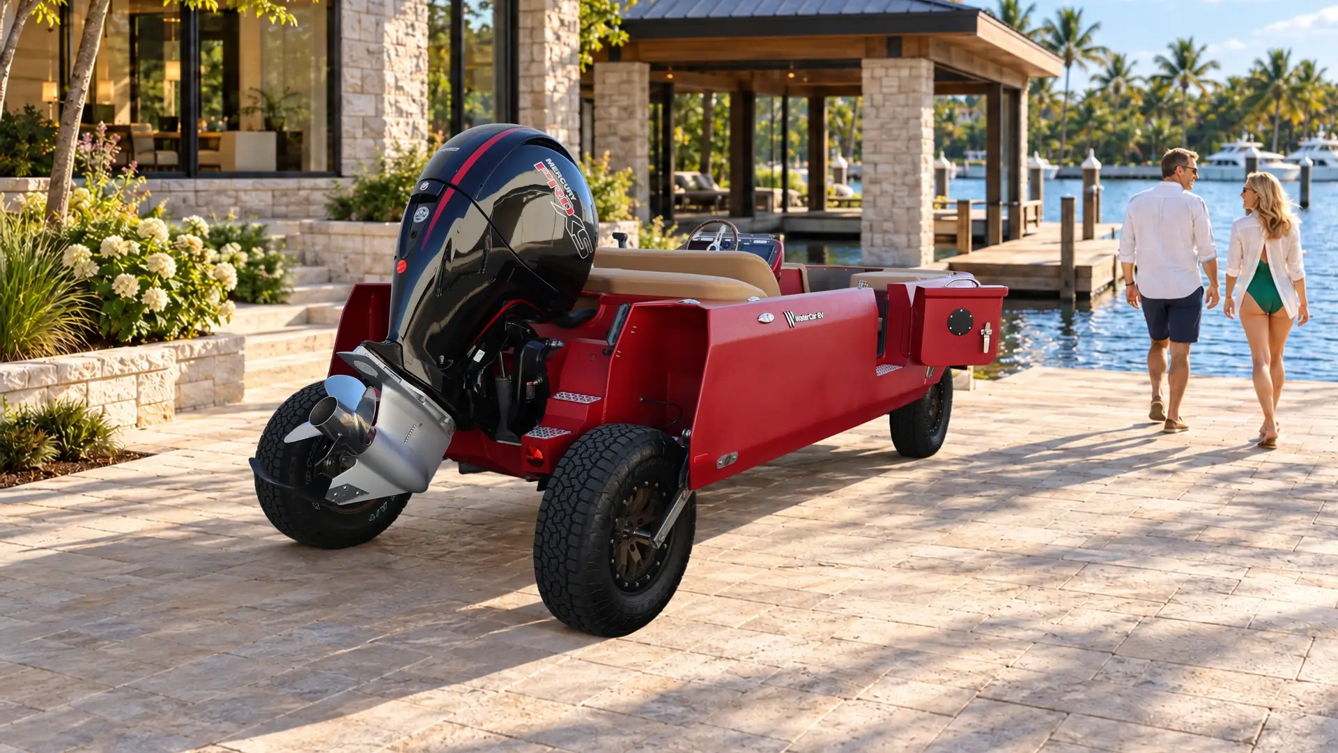Red WaterCar parked by a lakeside home as a couple walks toward the house.