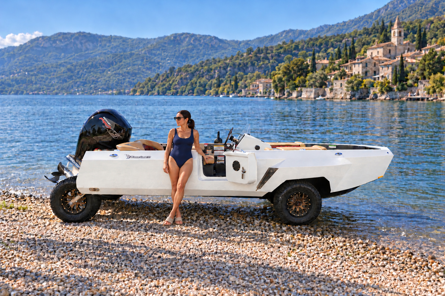 A woman beside a white WaterCar Signature with its access door open on a pebbled shoreline.