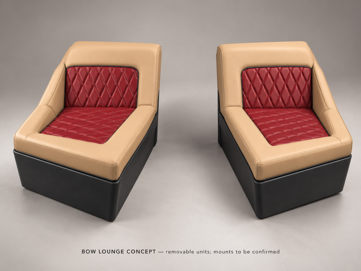 Two tan and red bow lounge units shown as a removable seating concept.