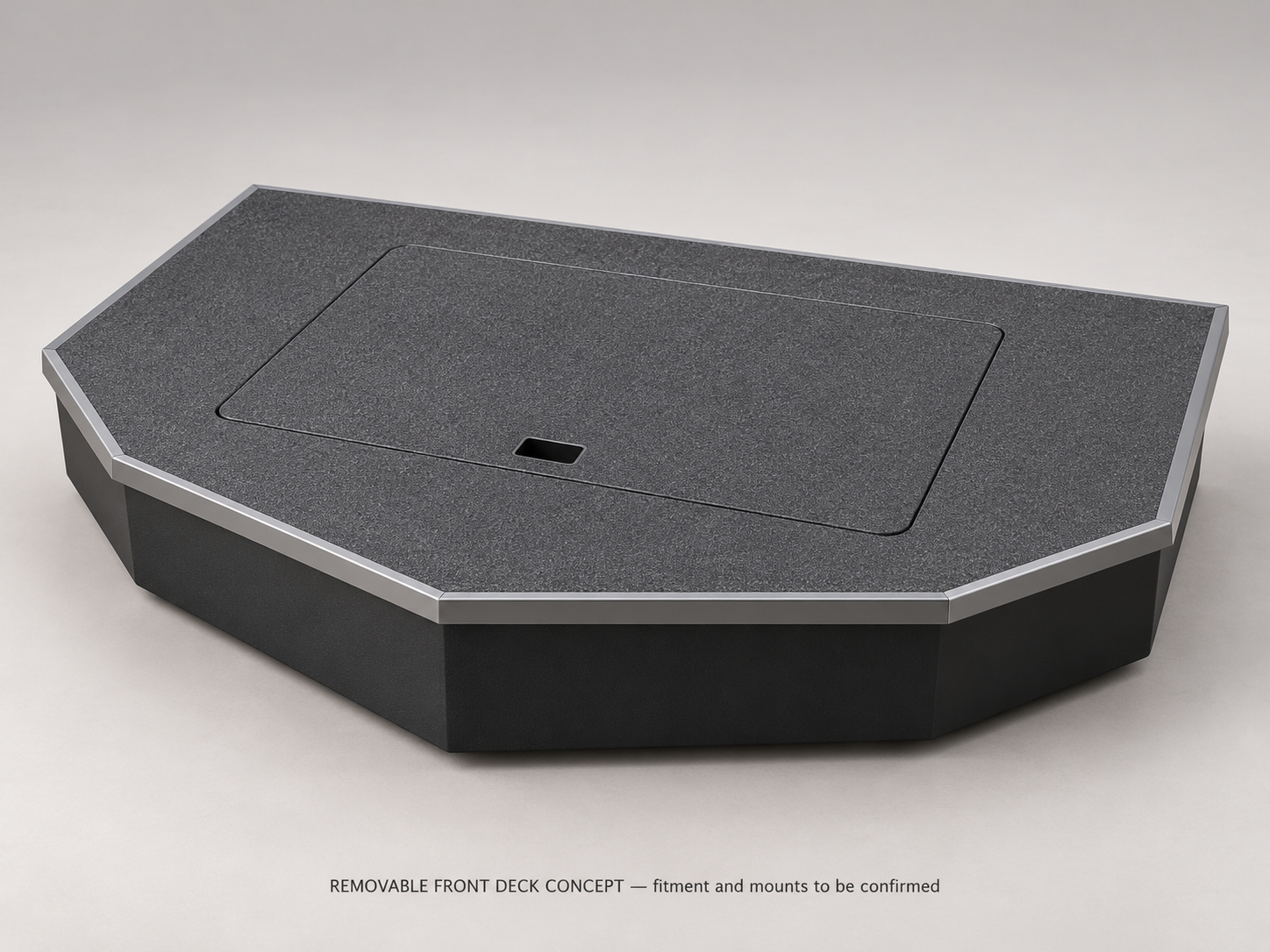 Concept of a standalone raised front platform with a storage hatch.