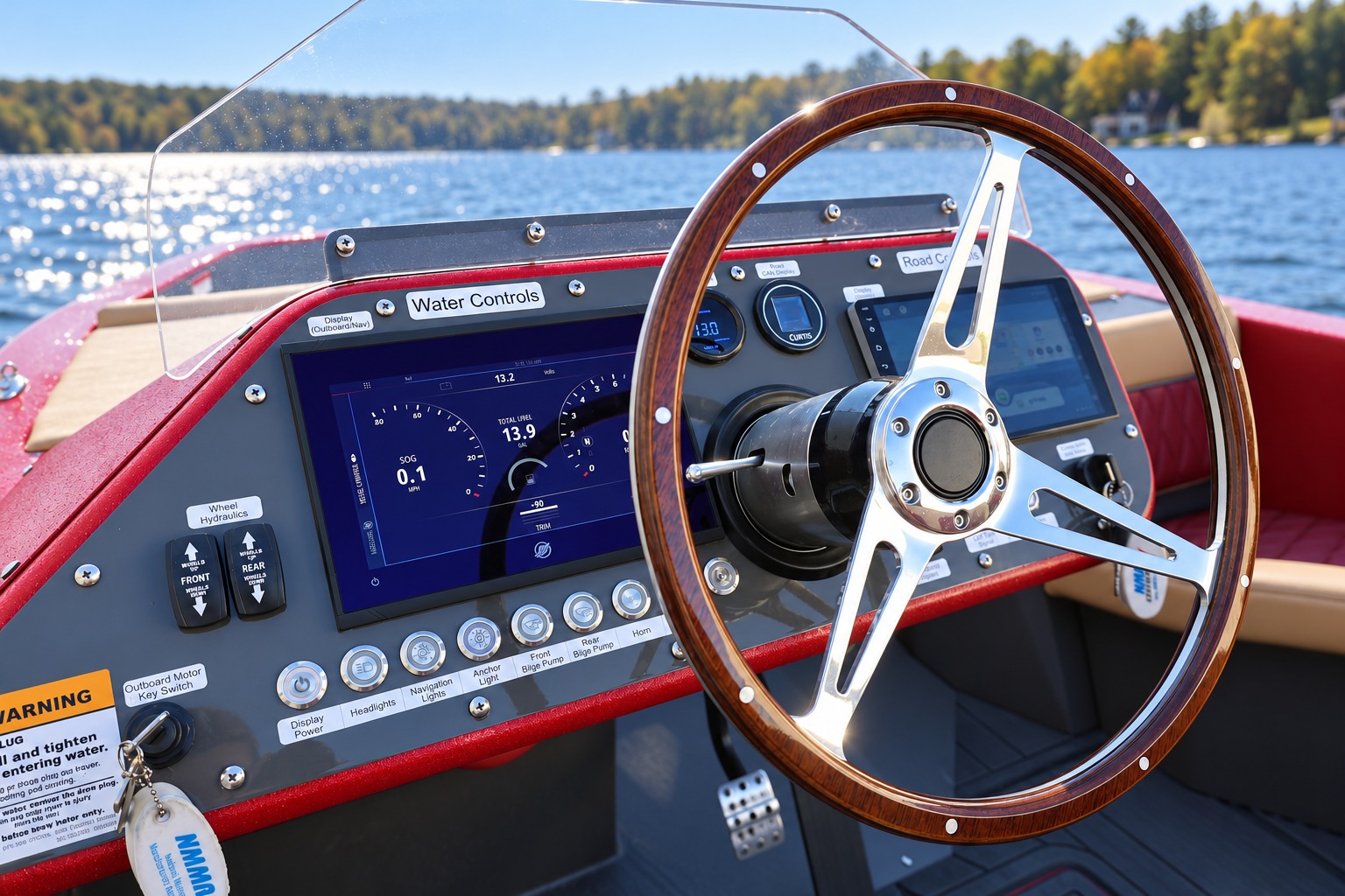 Signature wood-rim steering wheel and dual-display helm with a lake beyond the windshield.